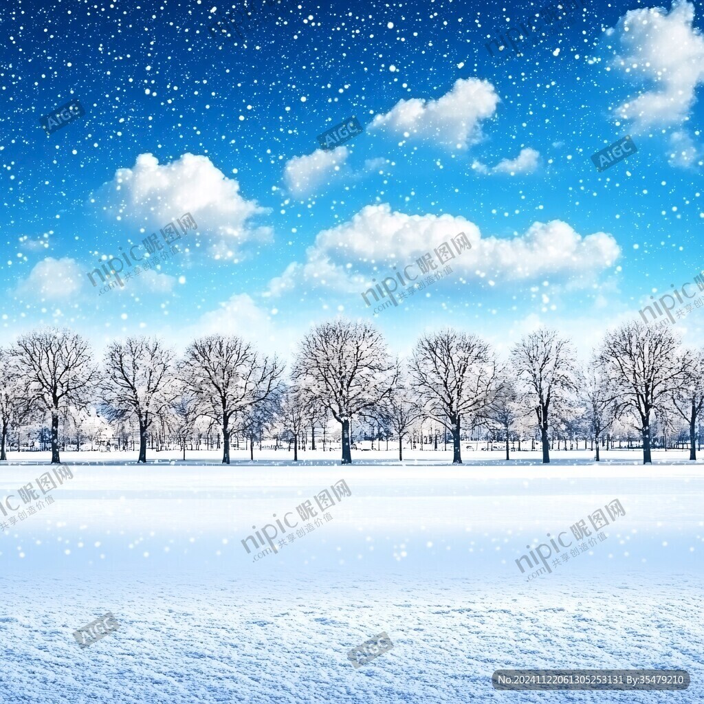 冬季雪原树木蓝天白云