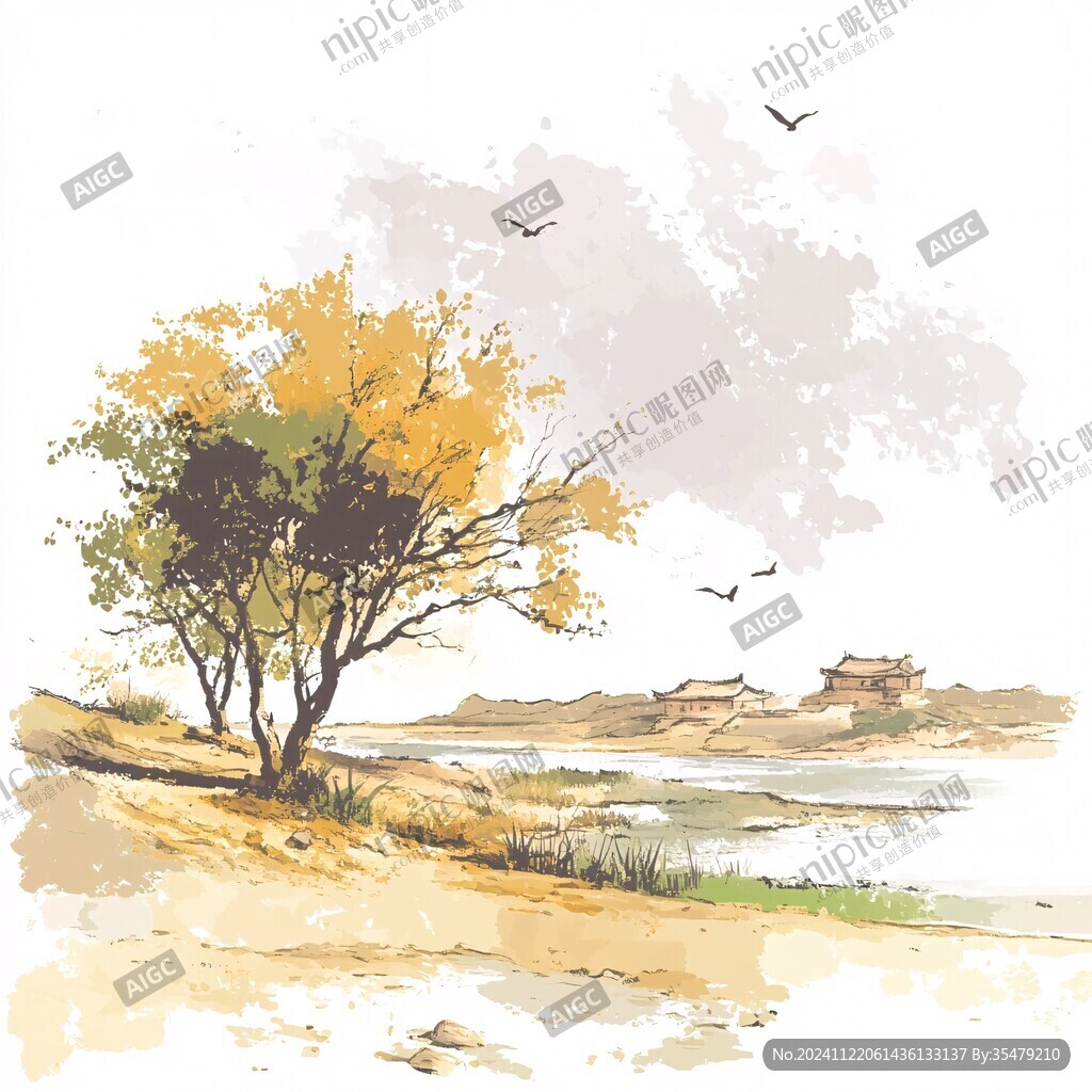 宁夏插画水彩水墨建筑
