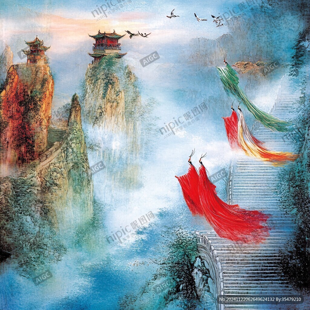 仙鹤楼阁古风山水画