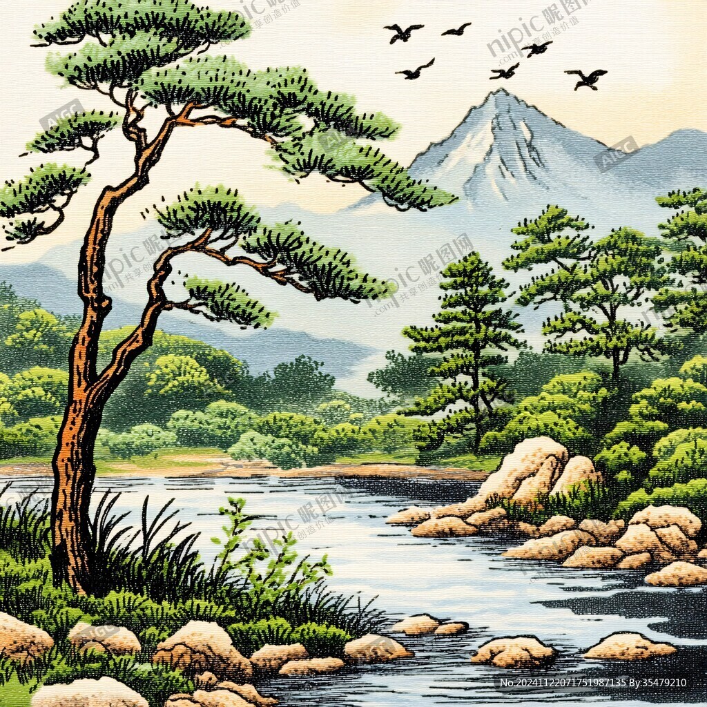 仙鹤松树山水装饰画