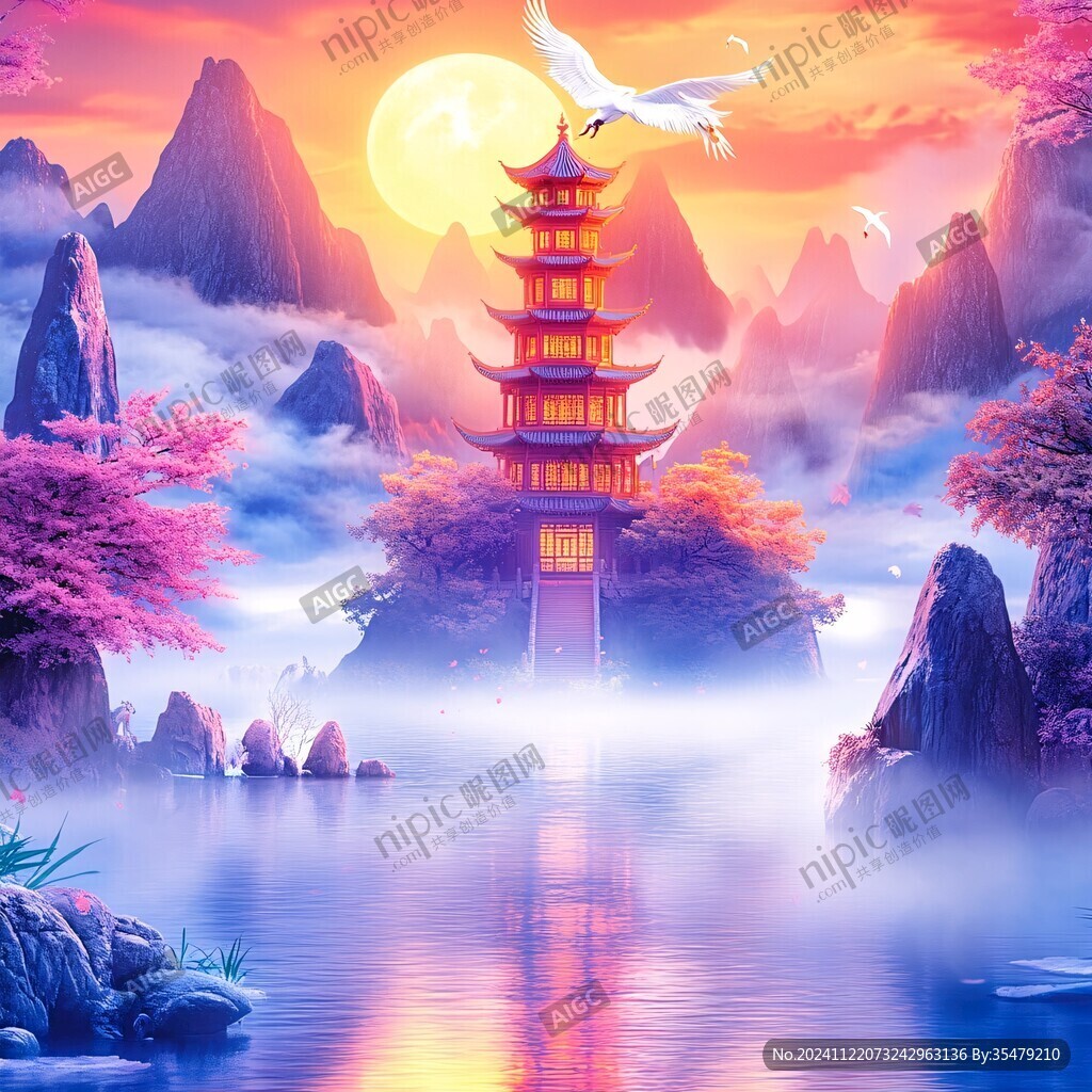 仙鹤楼阁山水插画