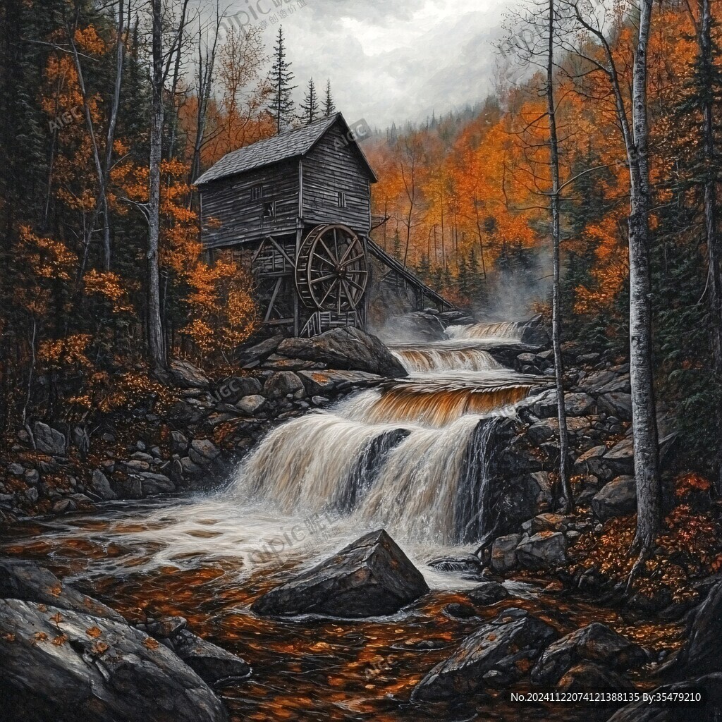 唯美秋天风景油画