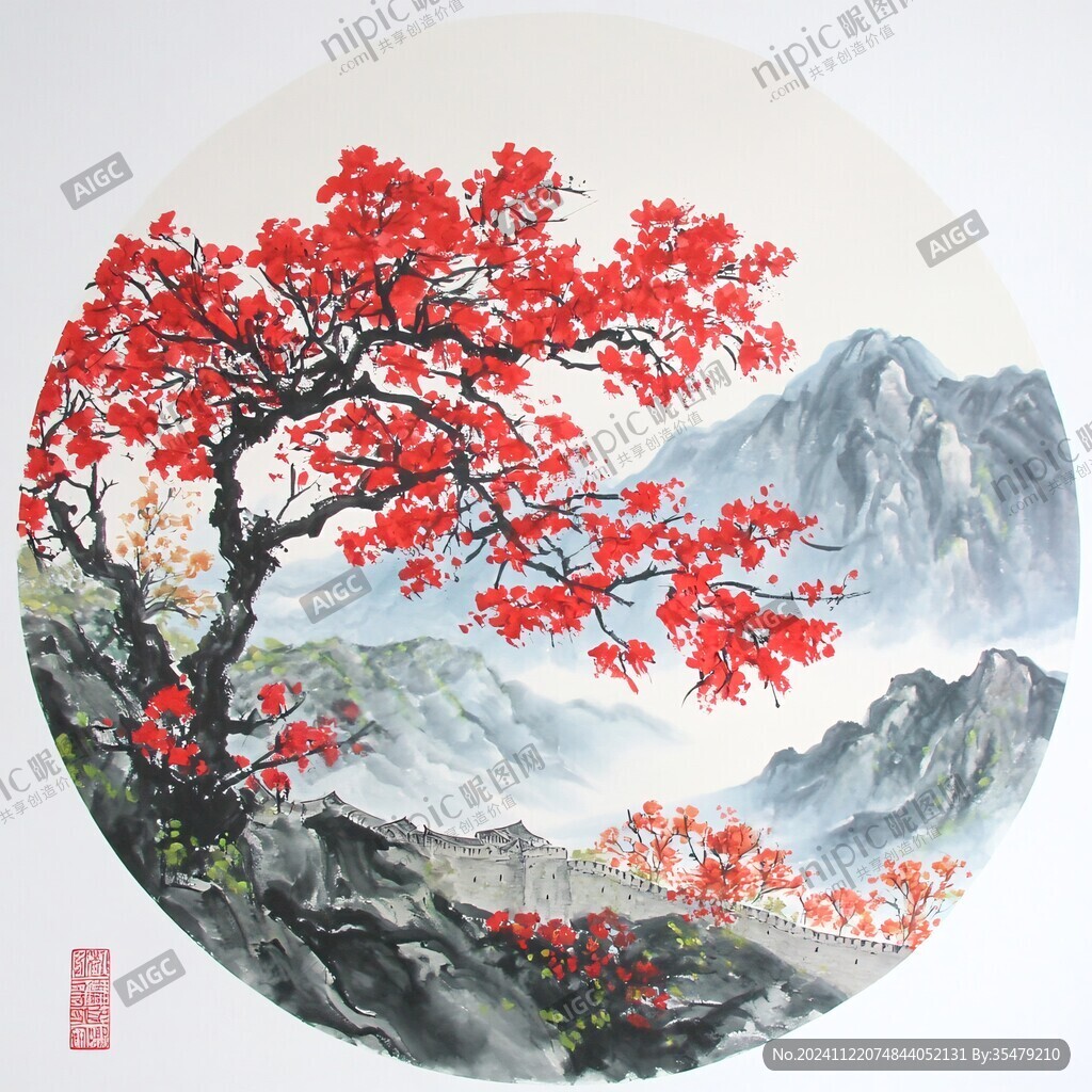 红叶树山水画