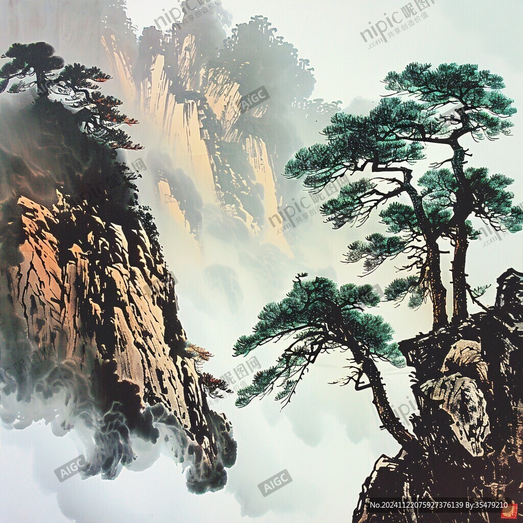迎客松软膜天花水墨画
