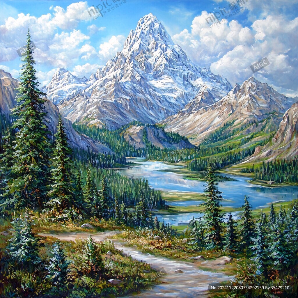 雪山河流油画