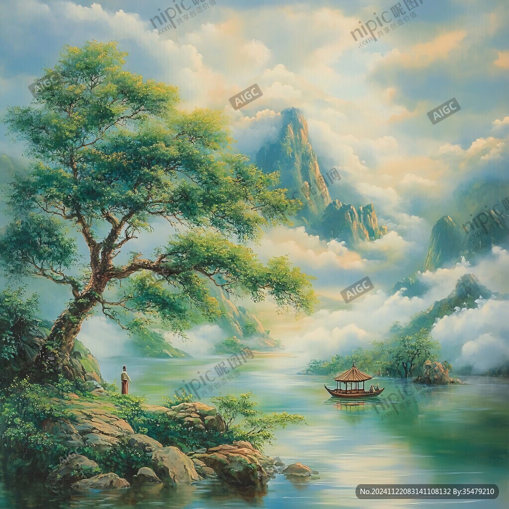 油画迎客松