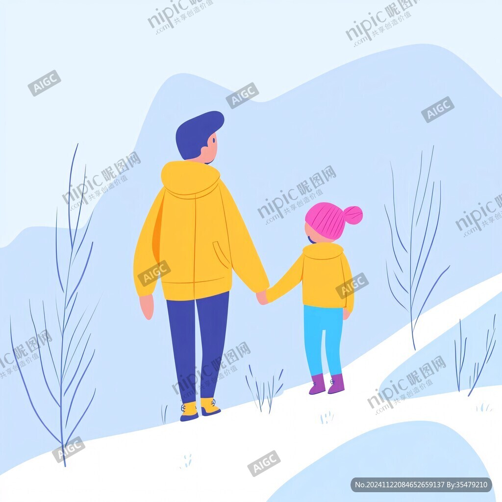 雪地上散步的父女