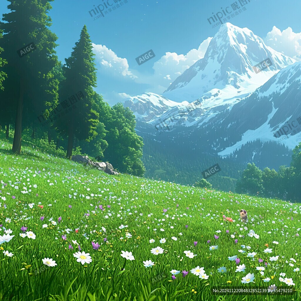 手绘森林山峰草地