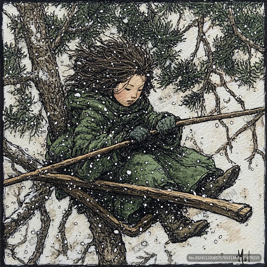 手绘在雪夜跳舞无框画