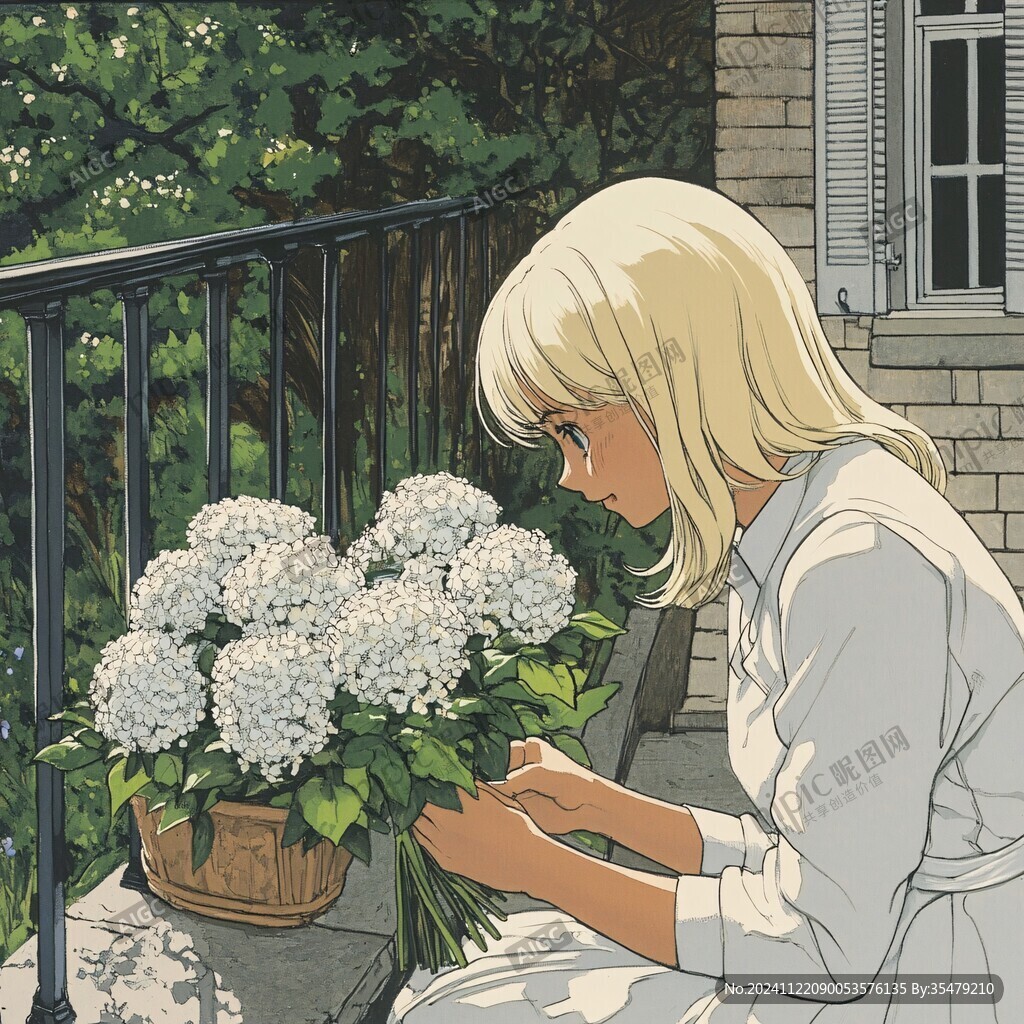 手绘花房女孩插画