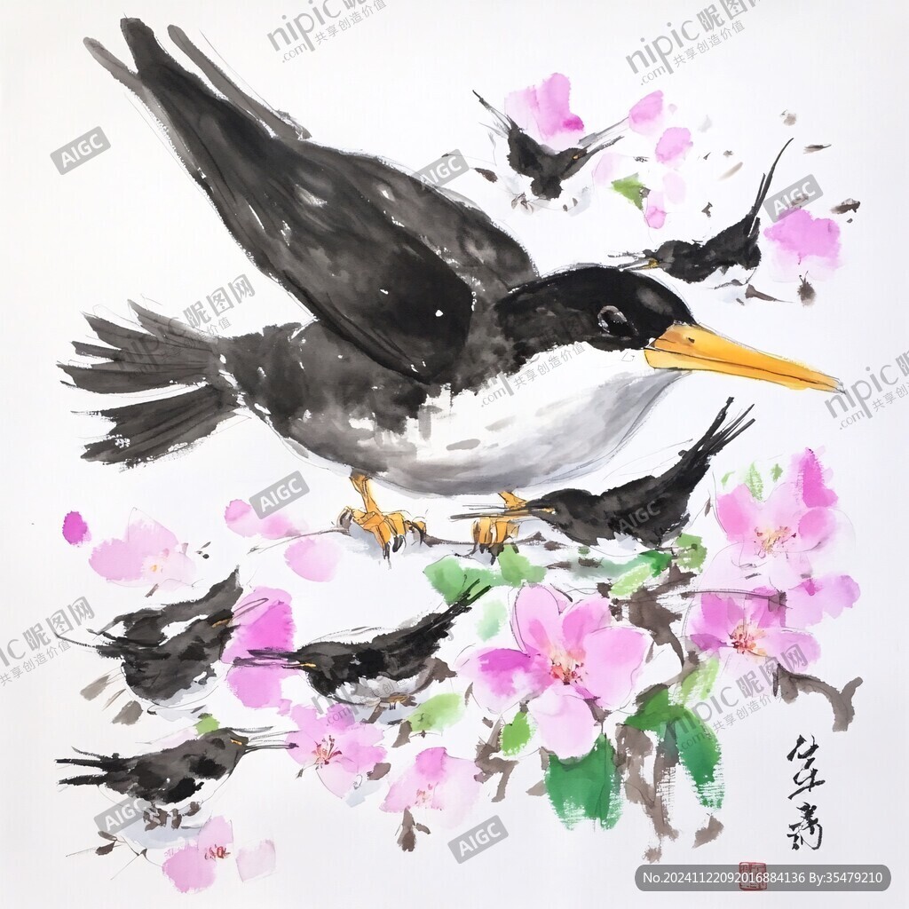 毛笔鸟语花香