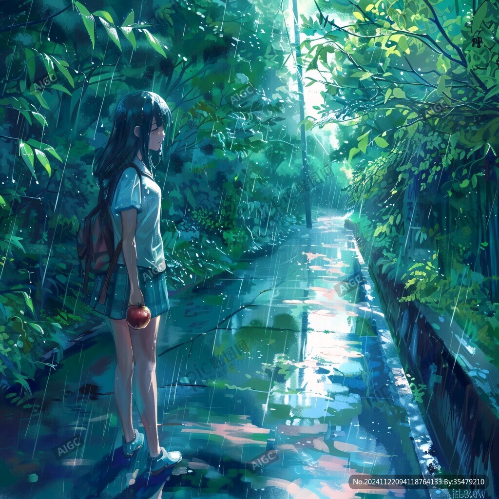 雨中撑伞的少女