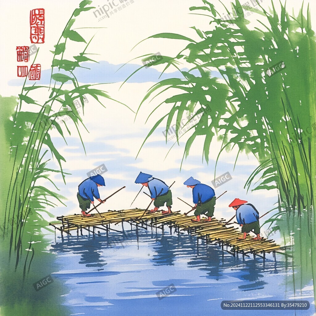 竹筏插画