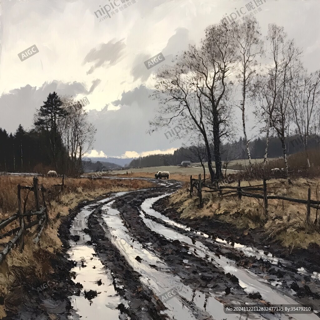 乡间道路油画