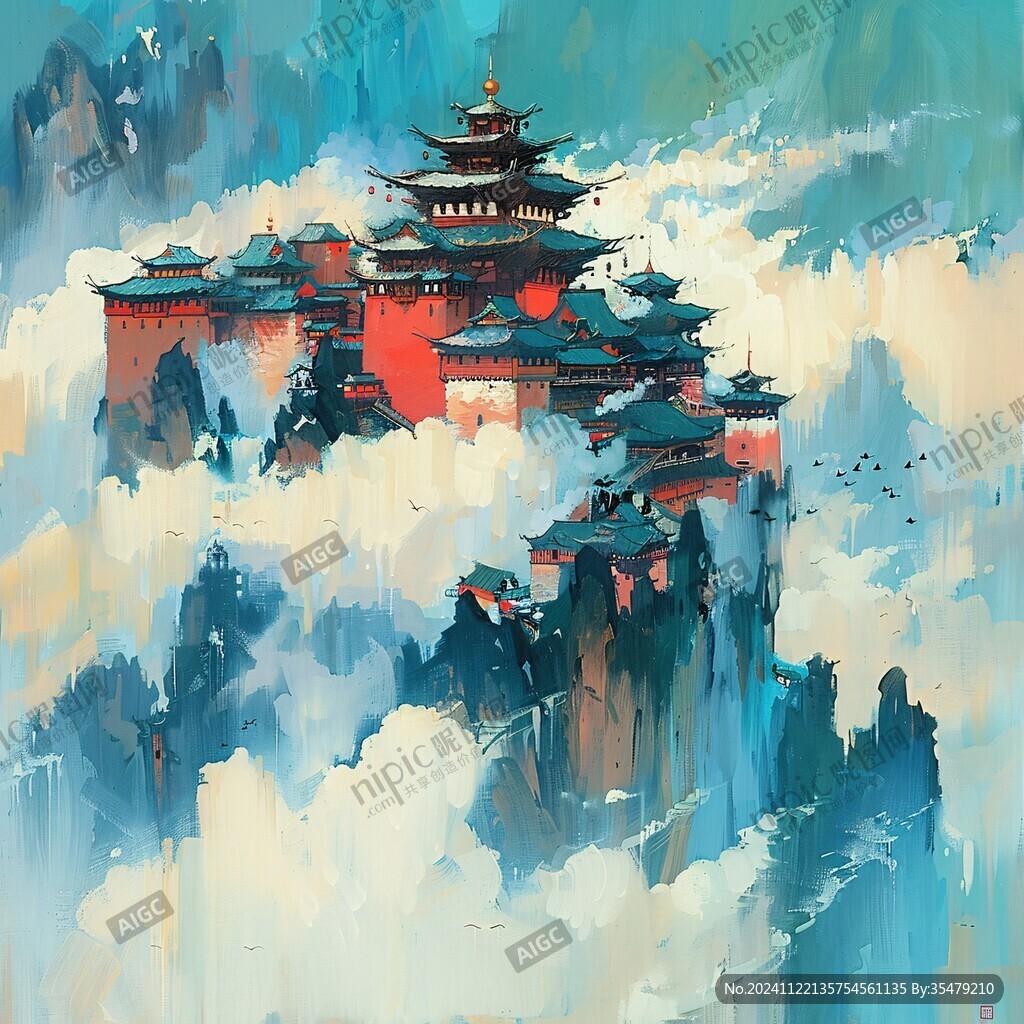 AI创作图古风仙境天上宫阙 楼阁仙景插画 插画横店水彩水墨山水 天界晓钟风景插画 横店水彩水墨山水 城隍阁插画 武当山插画 横店插画横店水墨 ...