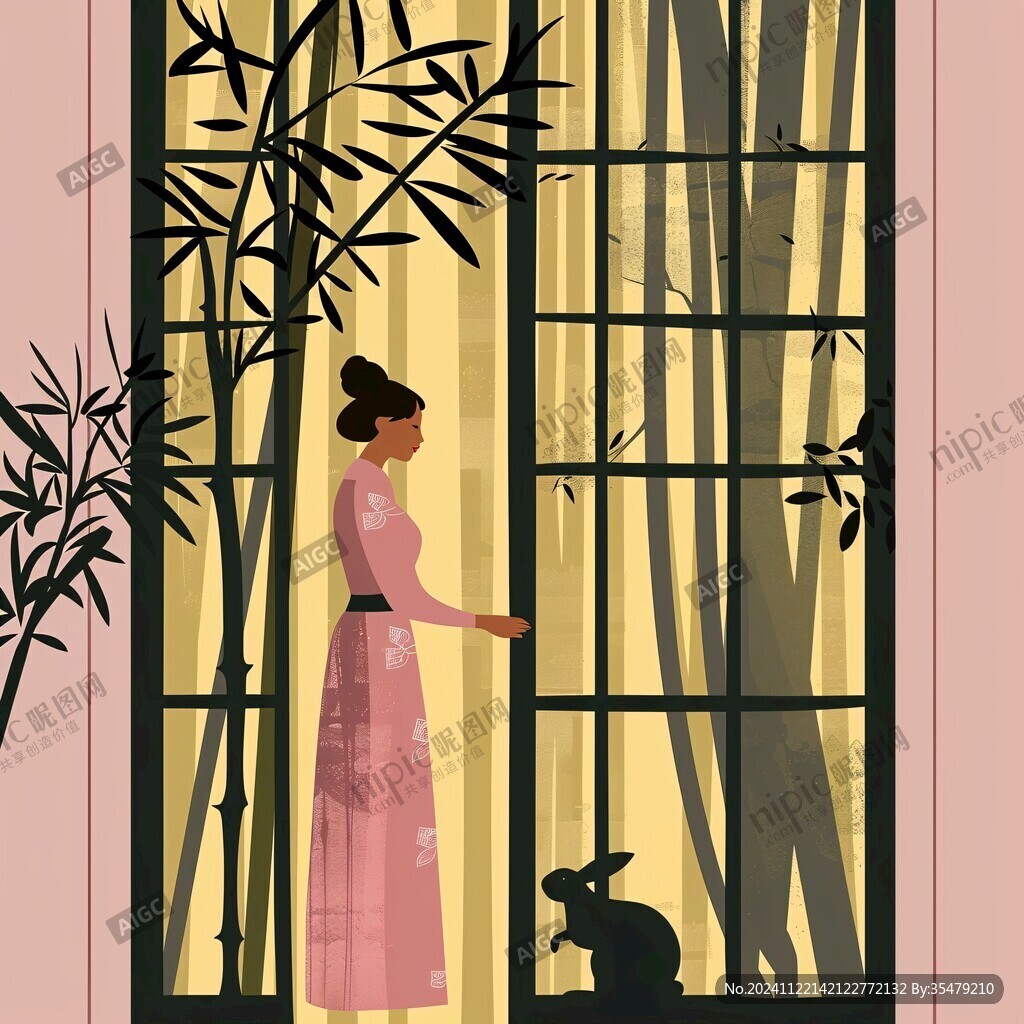 旗袍美人喝茶插画