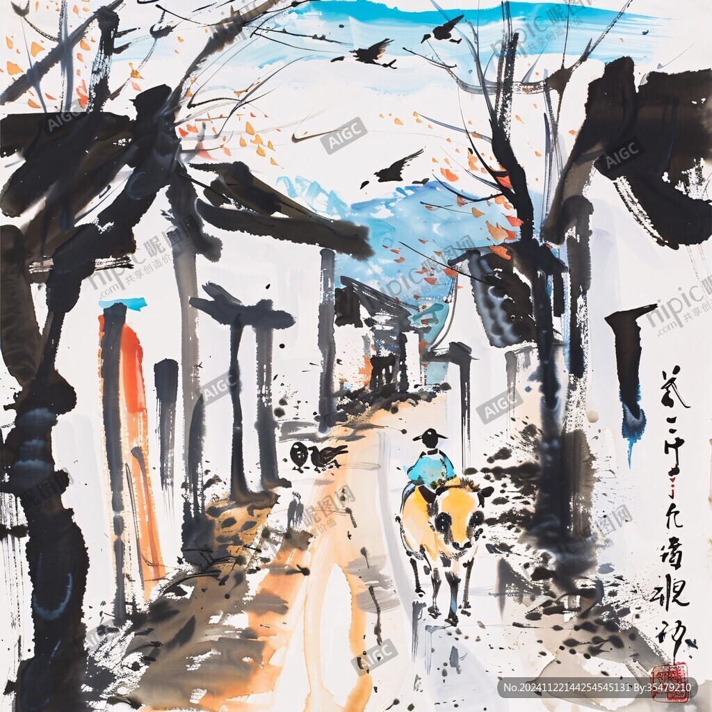 水粉画古街巷