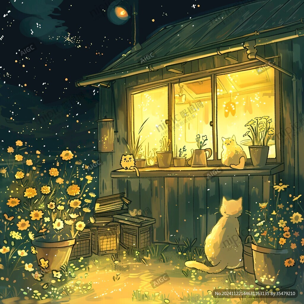 夜晚猫咪插画