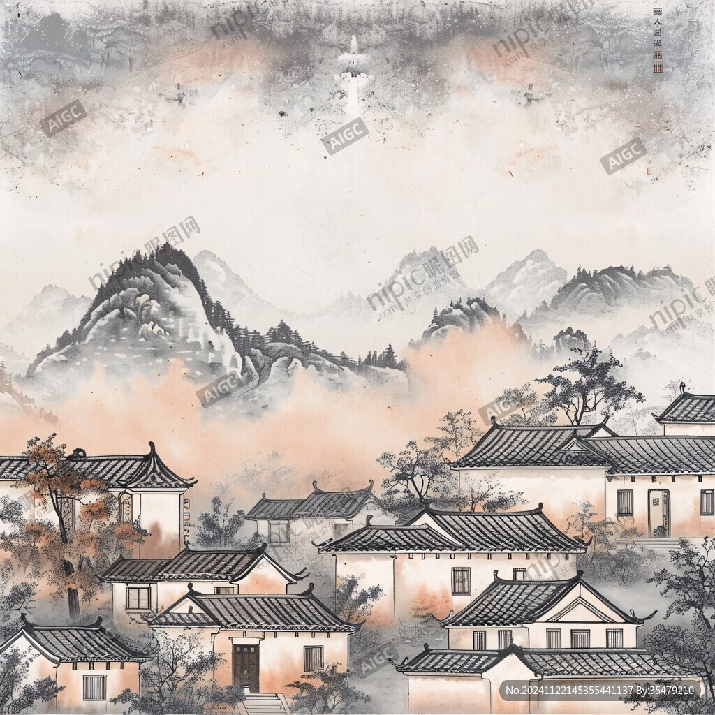 新中式山水描金楼阁画
