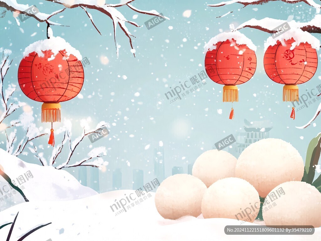 飘雪雪花雪景灯笼