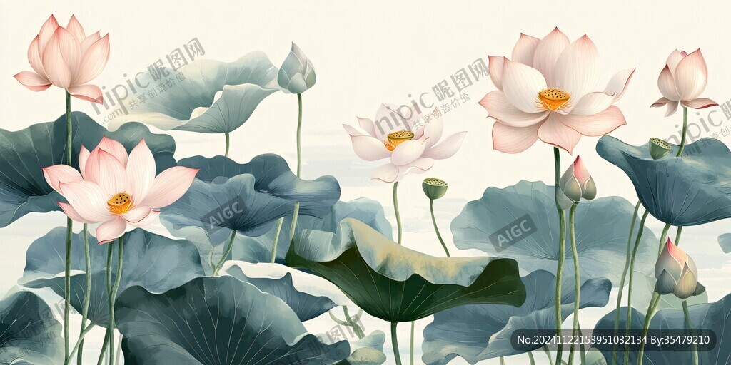 手绘荷花背景墙画