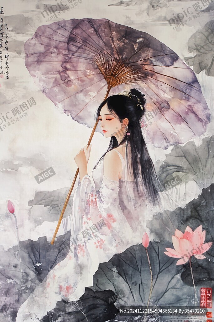 仲夏风荷塘侍女