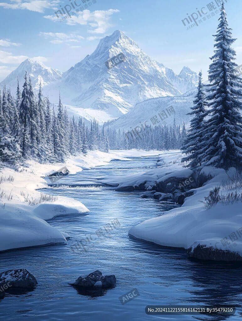 雪山森林河流