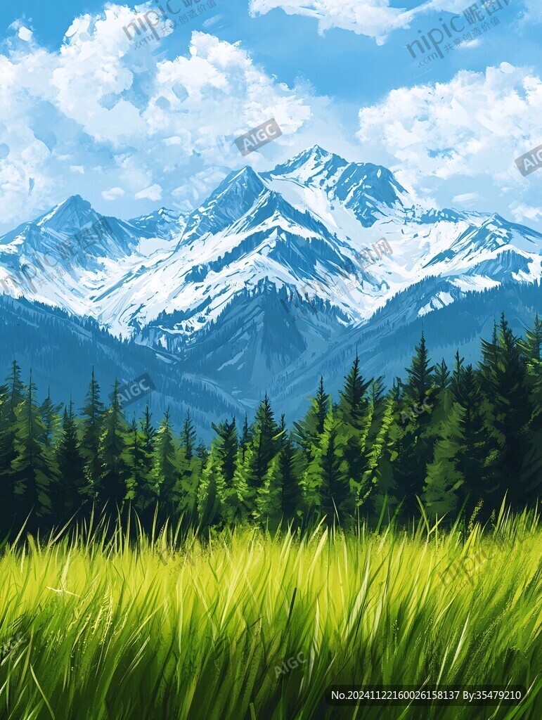 手绘森林山峰草地