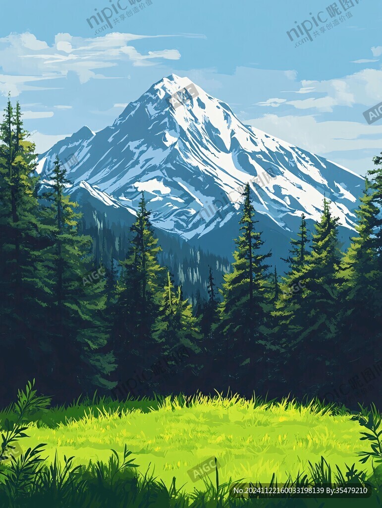 手绘森林山峰草地