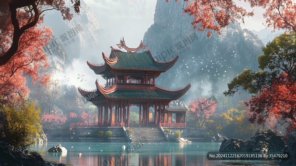 楼阁古风仙鹿仙景