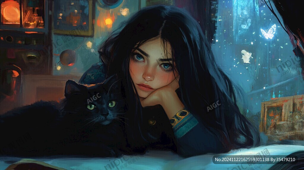 撸猫少女插画