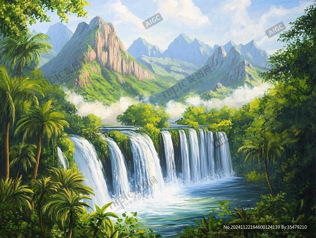 山水风景油画瀑布