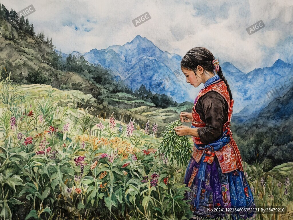 原创水彩少数名族风光