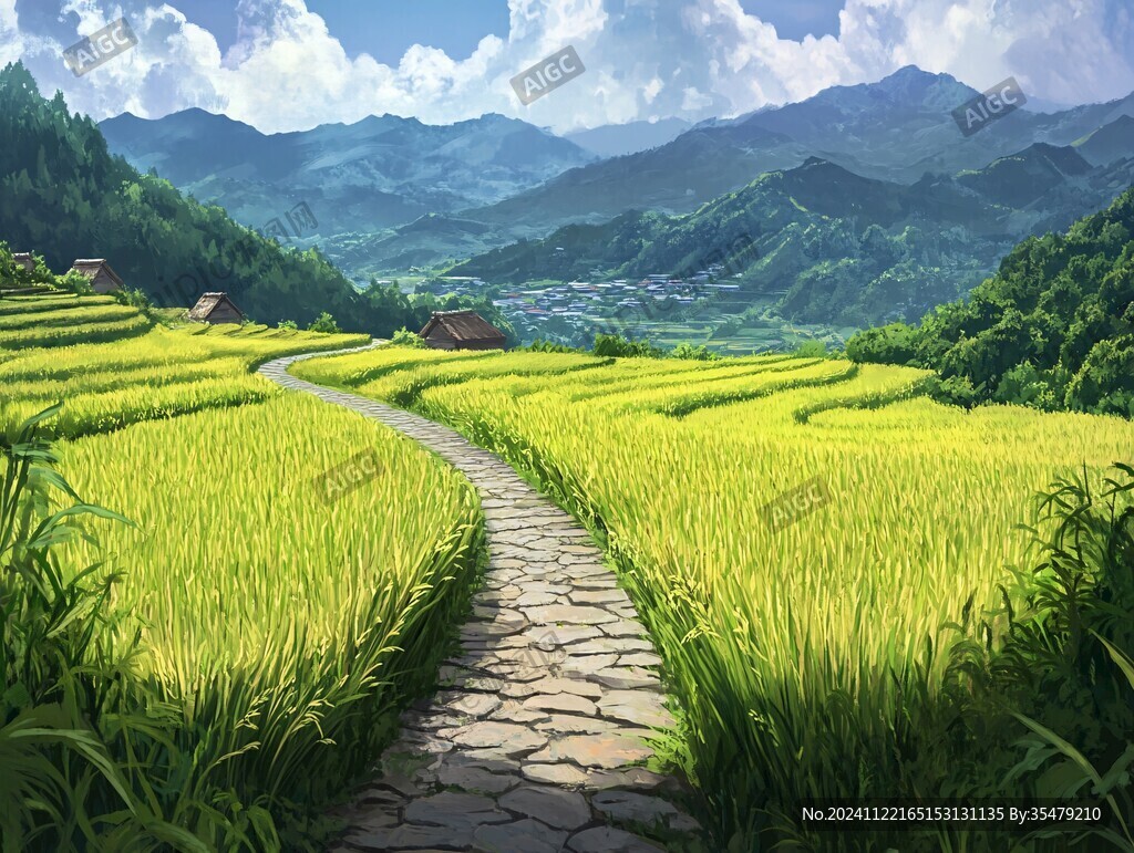 水稻梯田插画