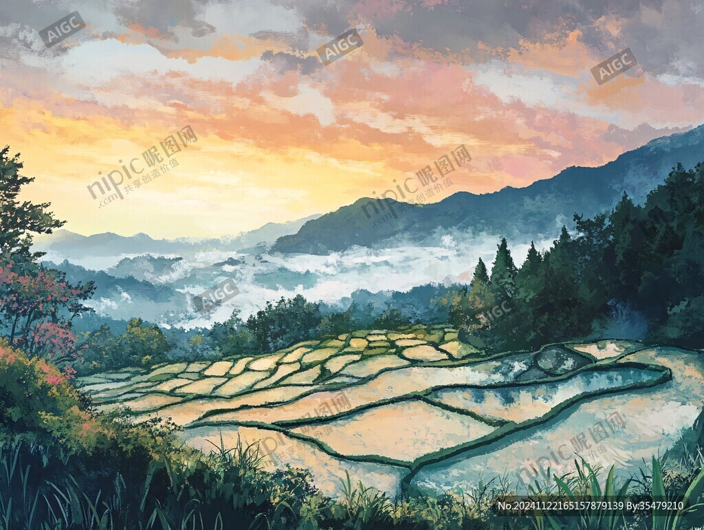 梯田水彩画