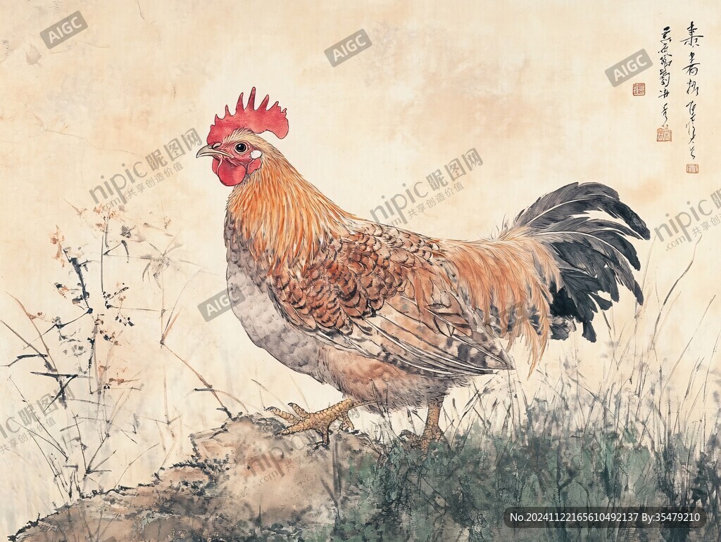 雄鸡春意图