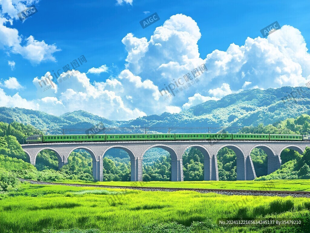 蓝天白云绿树高铁