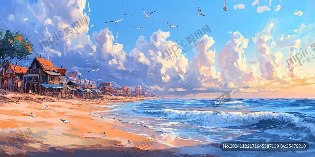 唯美海岸风景插画