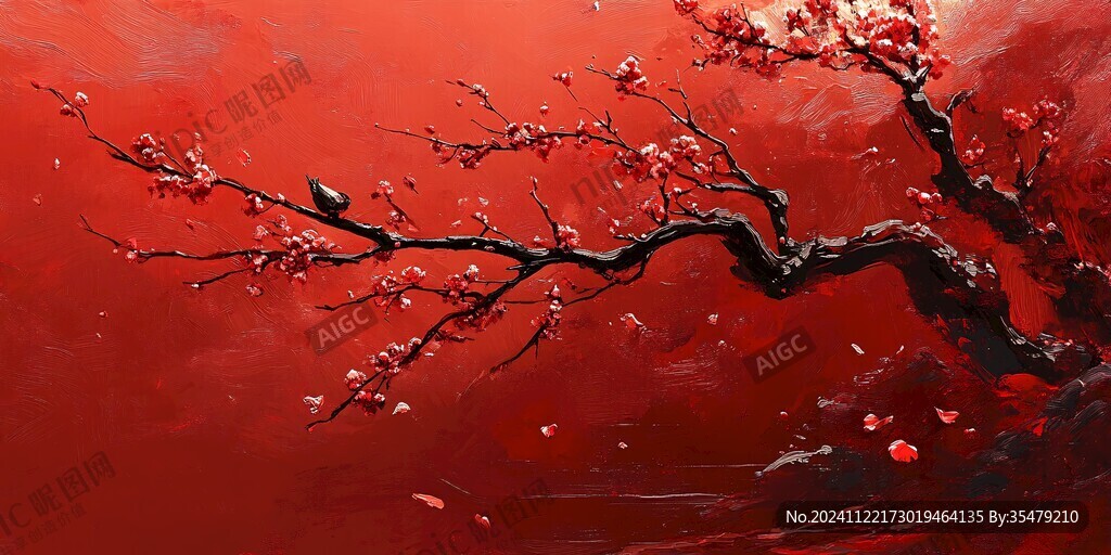 工笔手绘红墙梅花