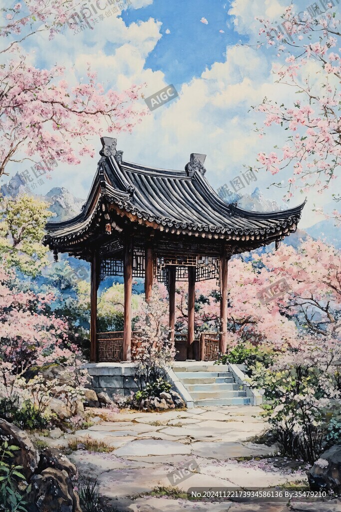 古风亭台楼阁油画