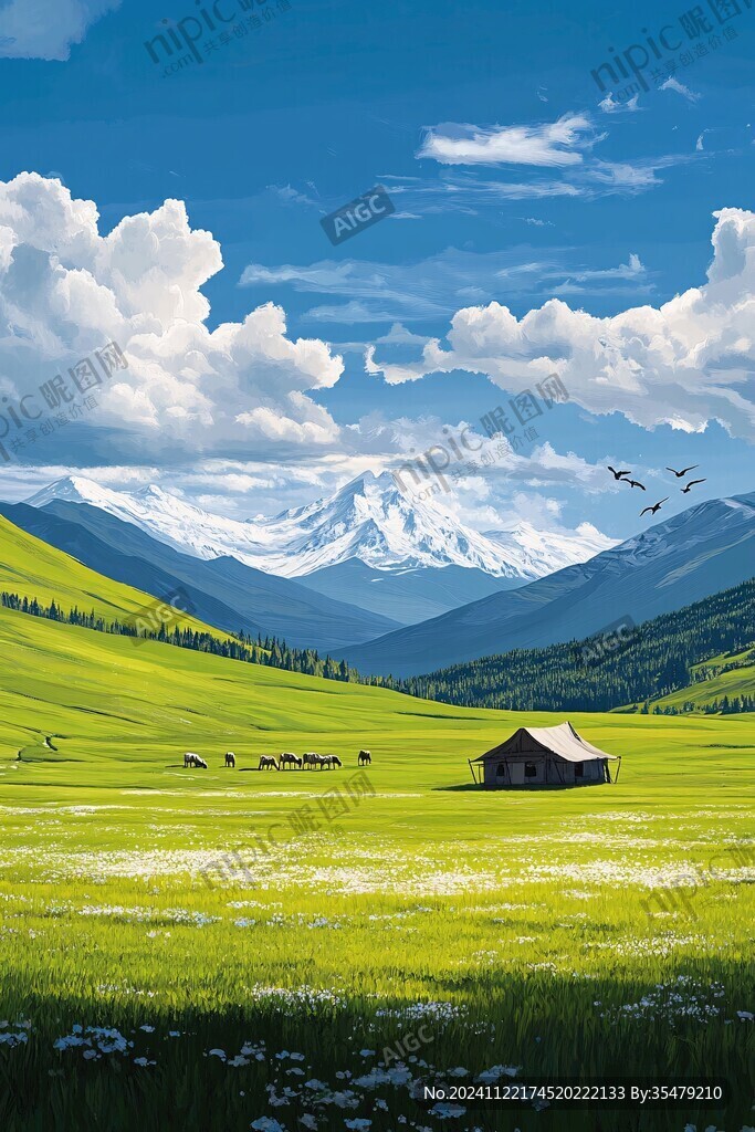 蓝天白云山脉草地背景
