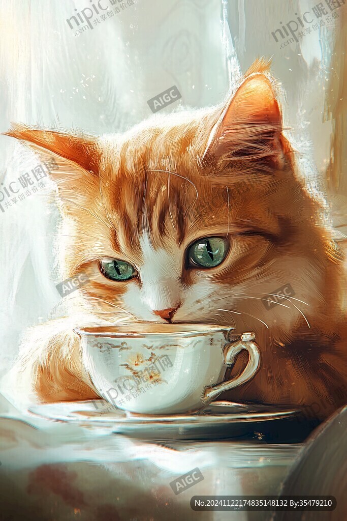 猫喝咖啡插画