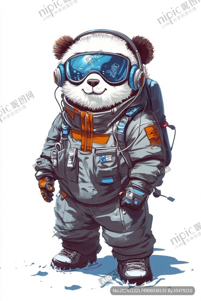 手绘滑雪的熊猫插画