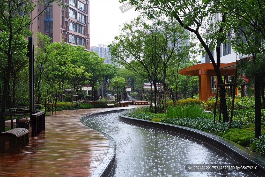 高档小区内景亲水平台