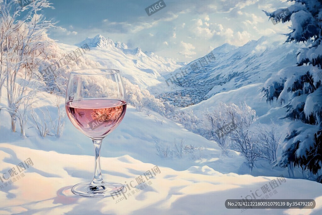 雪地上的红酒