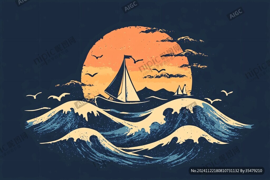 手绘海浪旭日东升