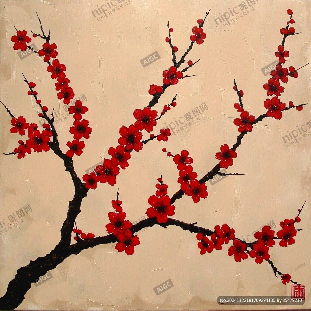 工笔手绘红墙梅花