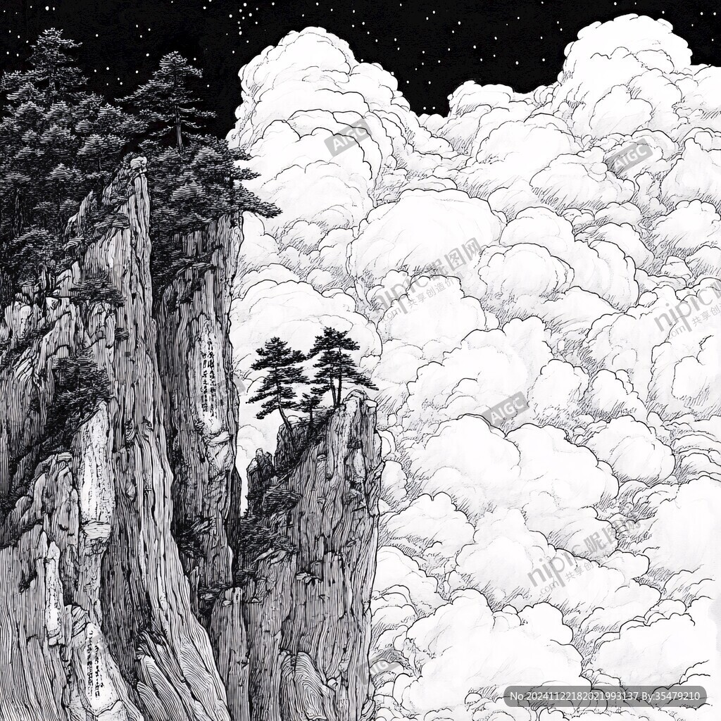 山水画黑白云海