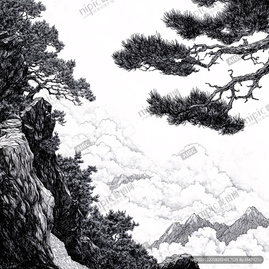 迎客松线描