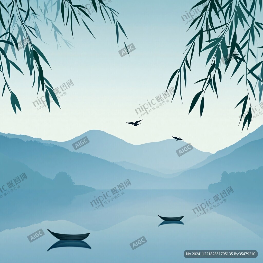 插画山水湖